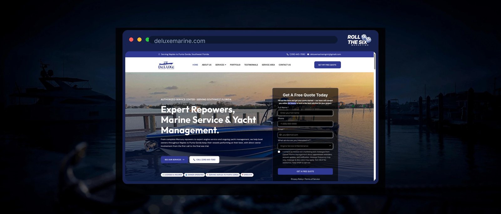 Deluxe Marine website homepage designed by Roll the Six Marketing, showing a boat at sunset on the water and a free quote form for a Southwest Florida marine service and repower company