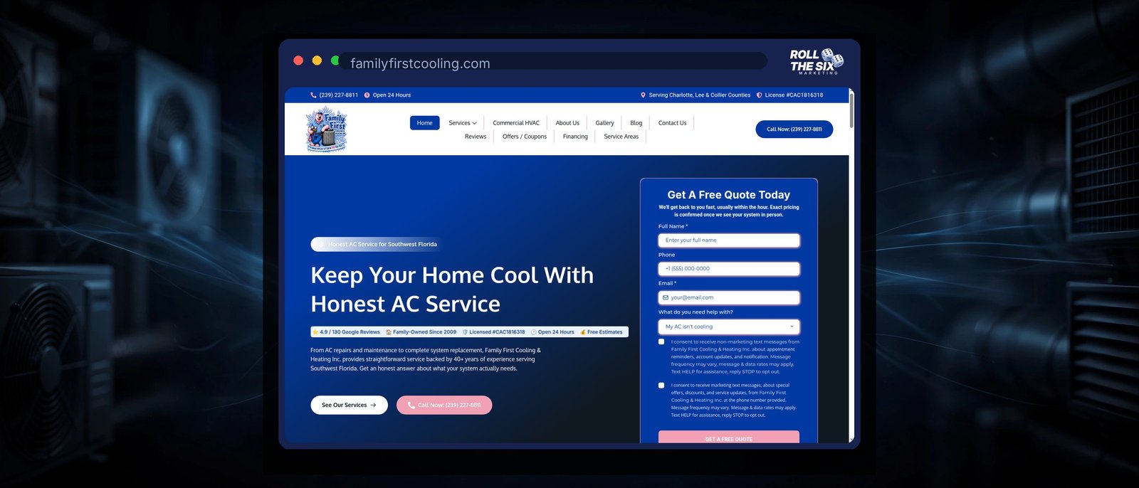 Family First Cooling & Heating website homepage designed by Roll the Six Marketing, showing a free quote form and 4.9-star Google rating for a Southwest Florida AC and HVAC company