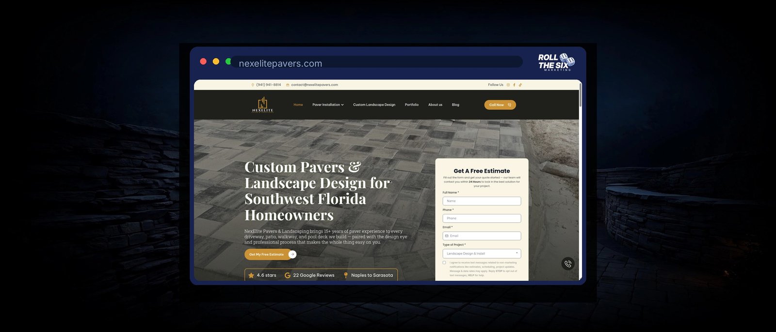 NexElite Pavers & Landscaping website homepage designed by Roll the Six Marketing, showing a paver driveway, free estimate form and Google rating for a Southwest Florida paver company