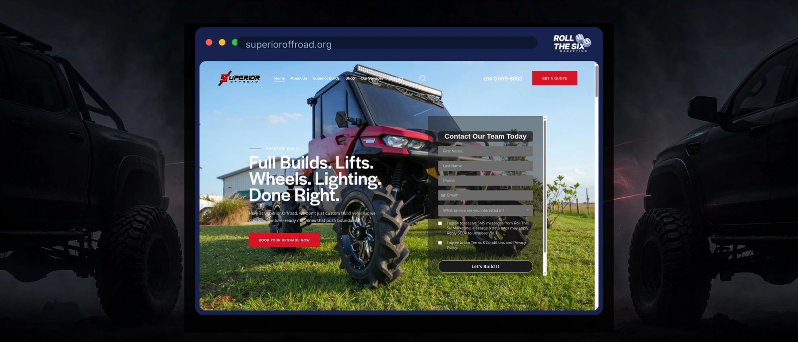 Superior Offroad website homepage designed by Roll the Six Marketing, showing a lifted red UTV with custom wheels and a quote request form for a Punta Gorda, FL off-road shop