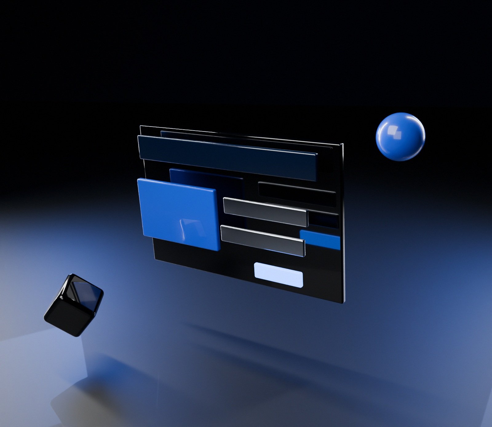 3D website layout in navy and royal blue, representing custom website design by Roll the Six for businesses in Cape Coral and Southwest Florida