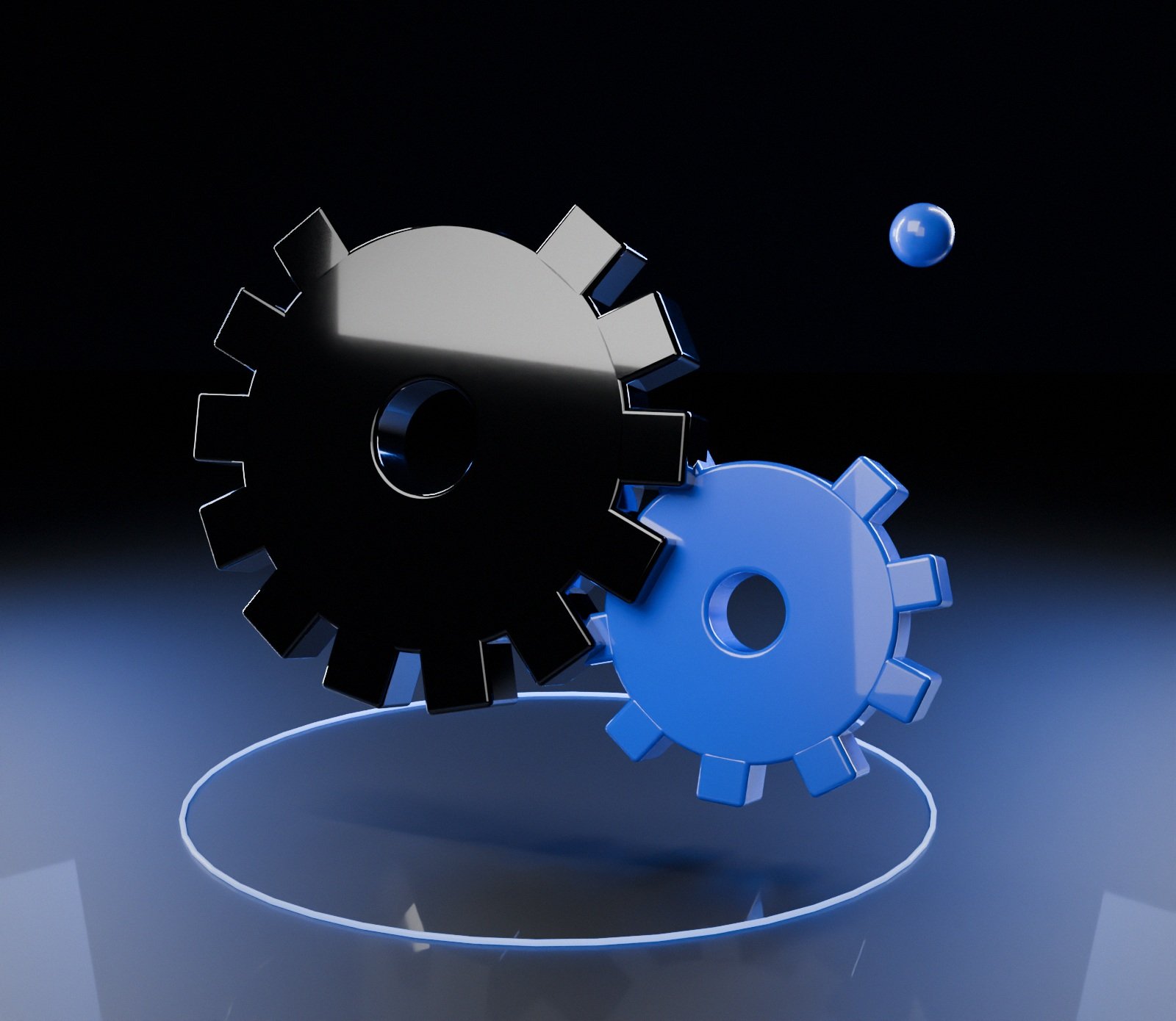 Black and blue gears working together, representing Roll the Six running websites, Google Ads and Meta Ads for businesses in Cape Coral and Southwest Florida
