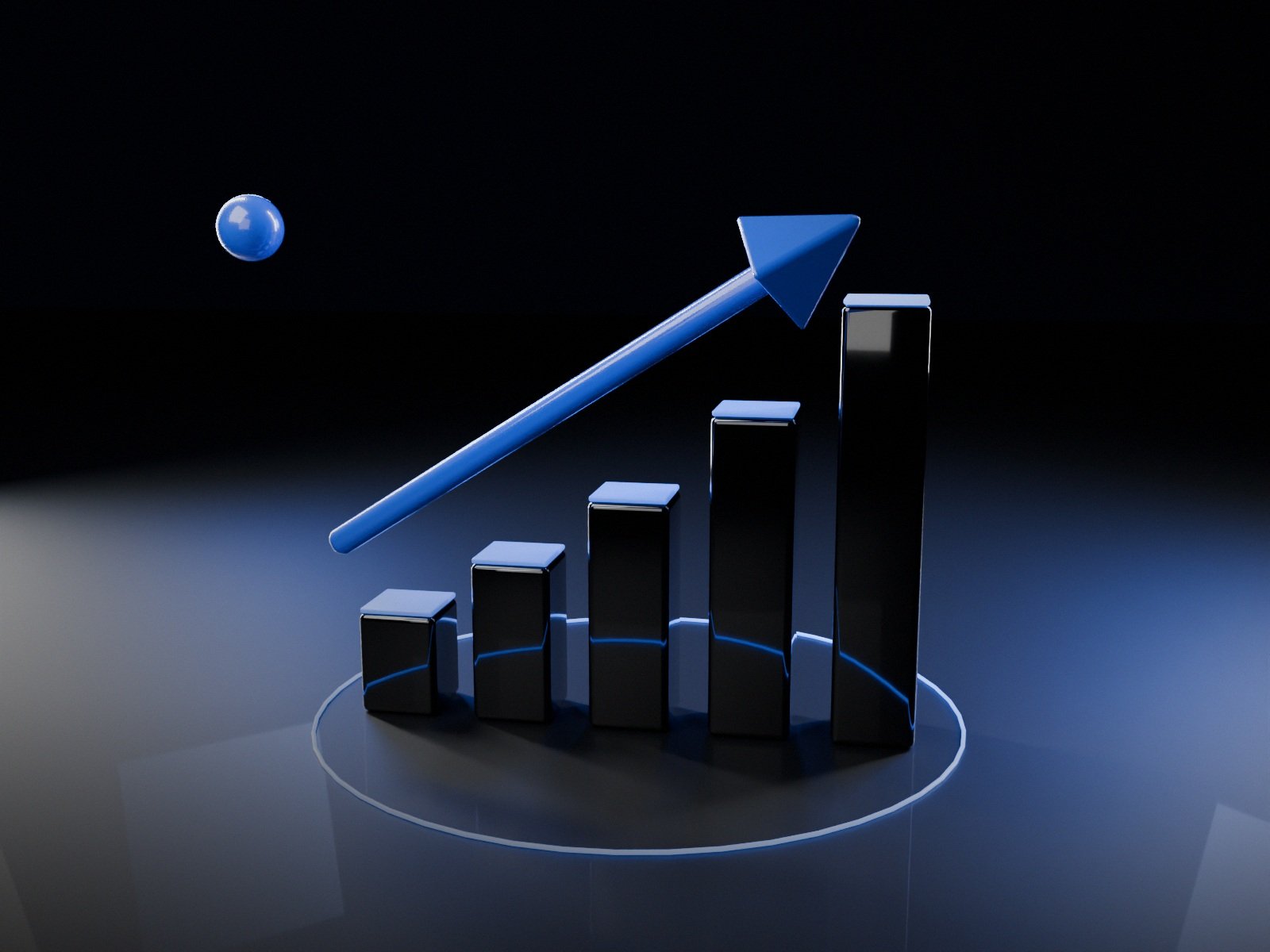 3D bar chart with a blue arrow trending upward, representing business growth from Google Ads and Meta Ads by Roll the Six in Cape Coral, Southwest Florida