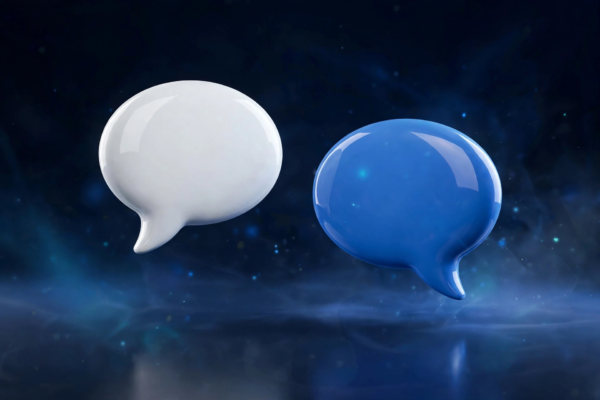 White and blue 3D chat bubbles, representing automated text and email lead follow-up by Roll the Six for businesses in Cape Coral and Southwest Florida