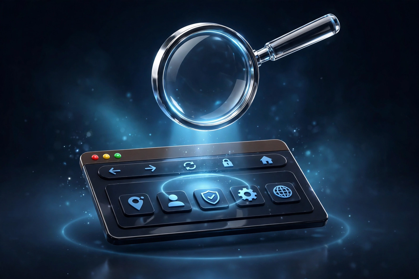 3D magnifying glass over a browser window with location and search icons, representing local SEO by Roll the Six for businesses in Cape Coral and Southwest Florida