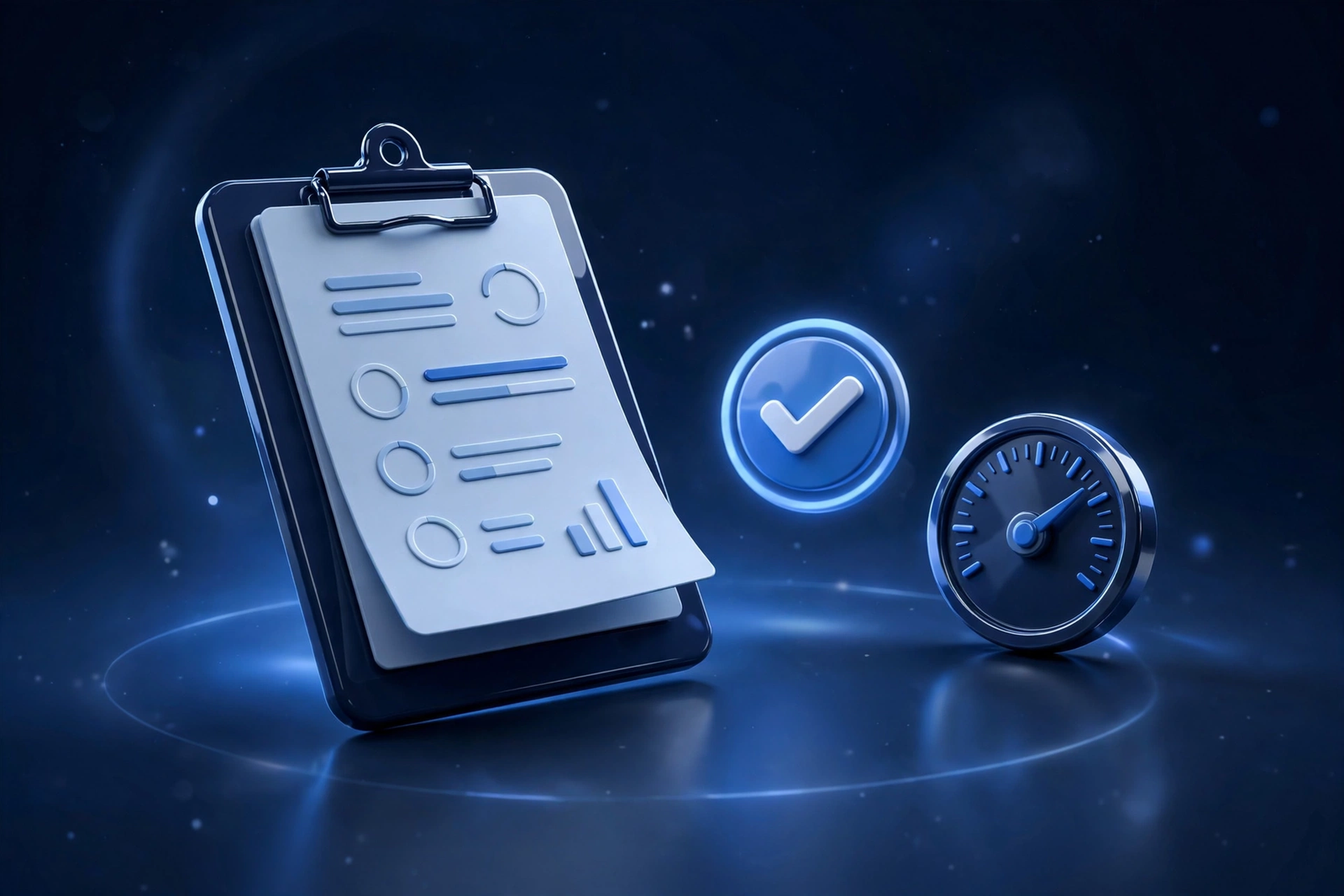 3D clipboard report with a checkmark and speed gauge, representing a free website and marketing audit by Roll the Six in Cape Coral, Southwest Florida